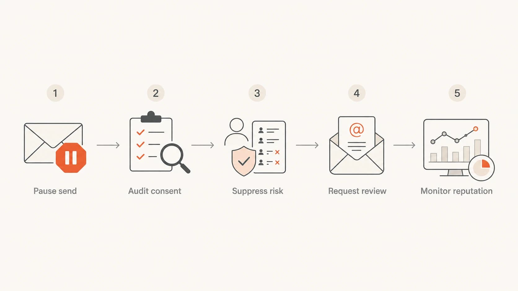 A five-step recovery flow: pause sending, audit consent, suppress risk, request review, and monitor reputation.