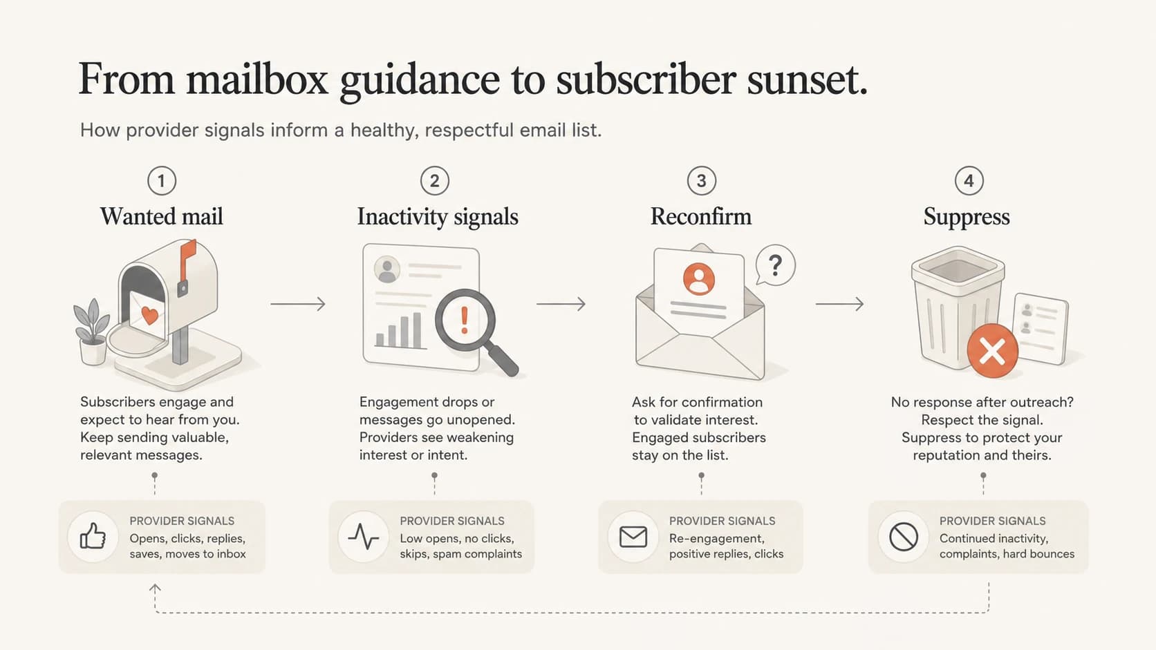 Infographic showing wanted mail, inactivity signals, reconfirmation, and suppression.