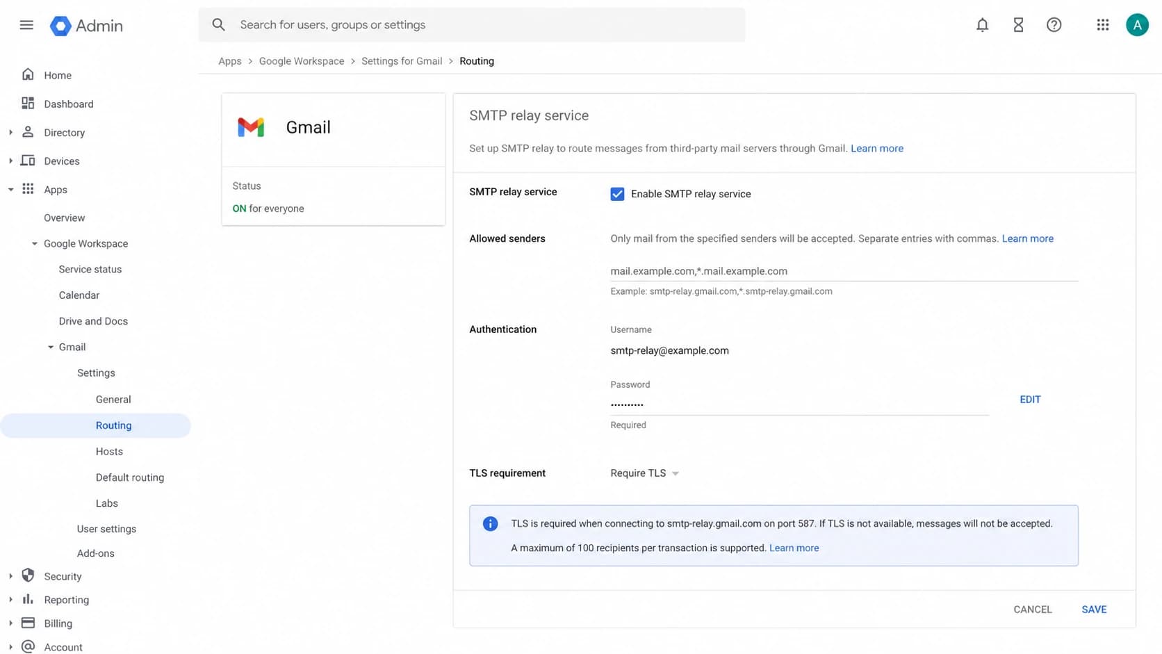Google Admin console screenshot showing Gmail SMTP relay routing settings.