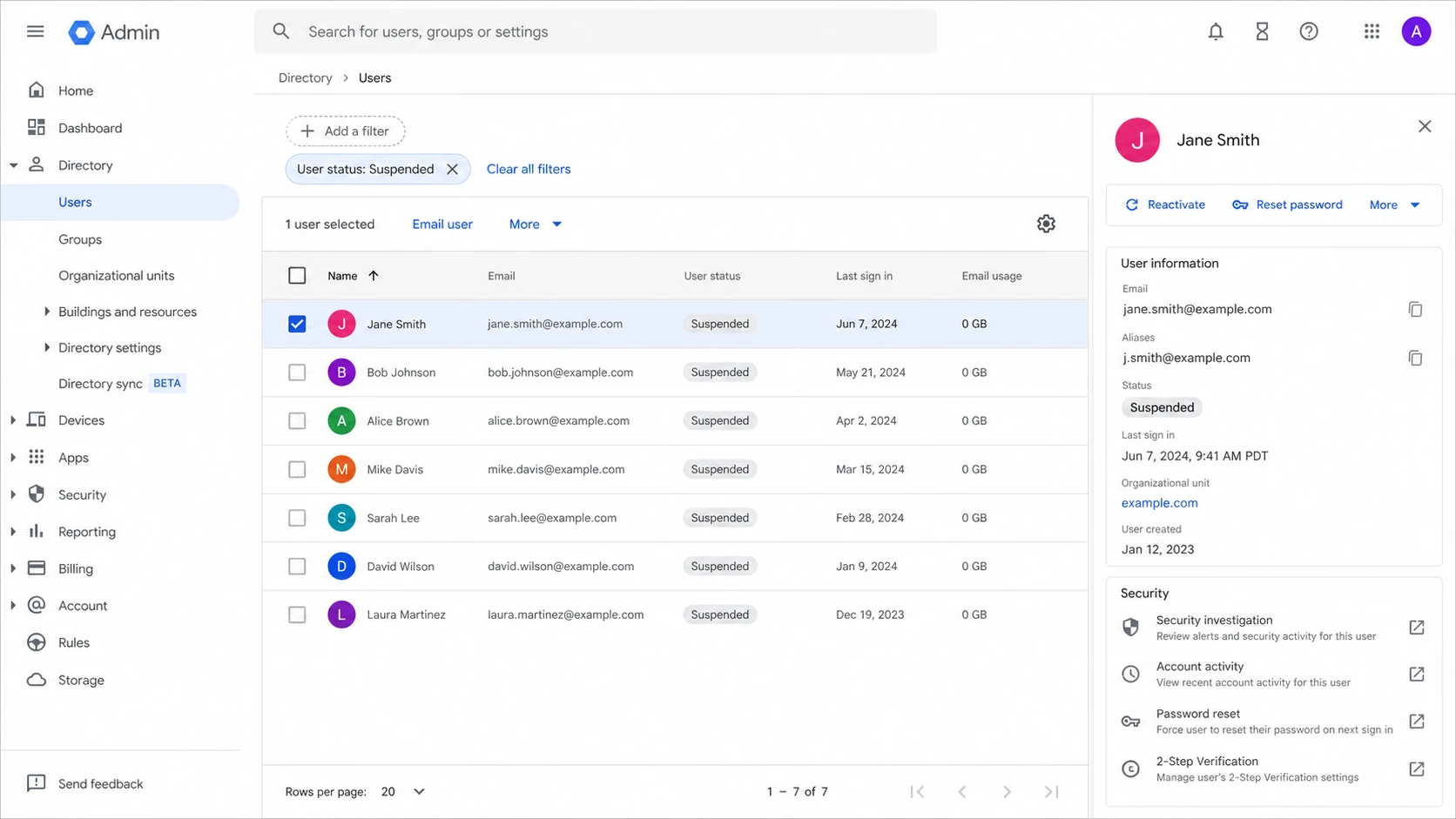 Google Admin console view showing a suspended user filter.
