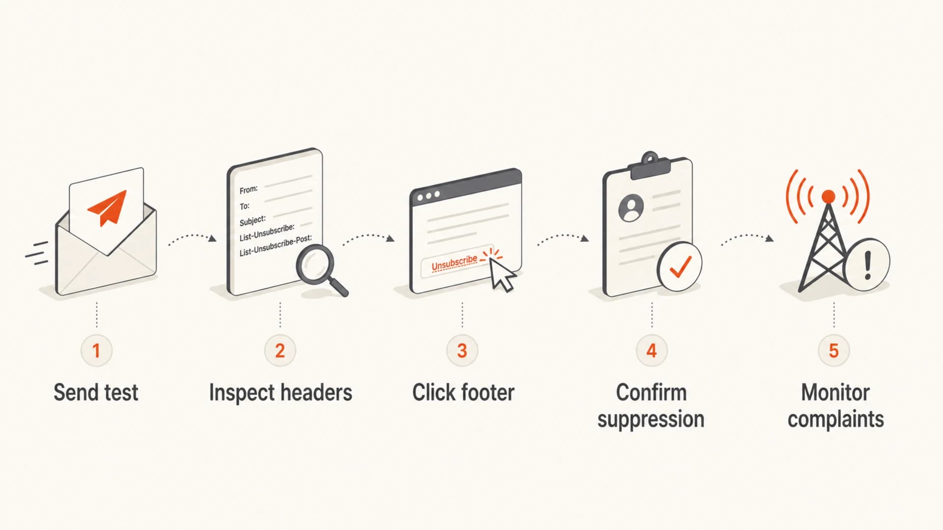 Infographic showing five checks for a compliant unsubscribe setup.