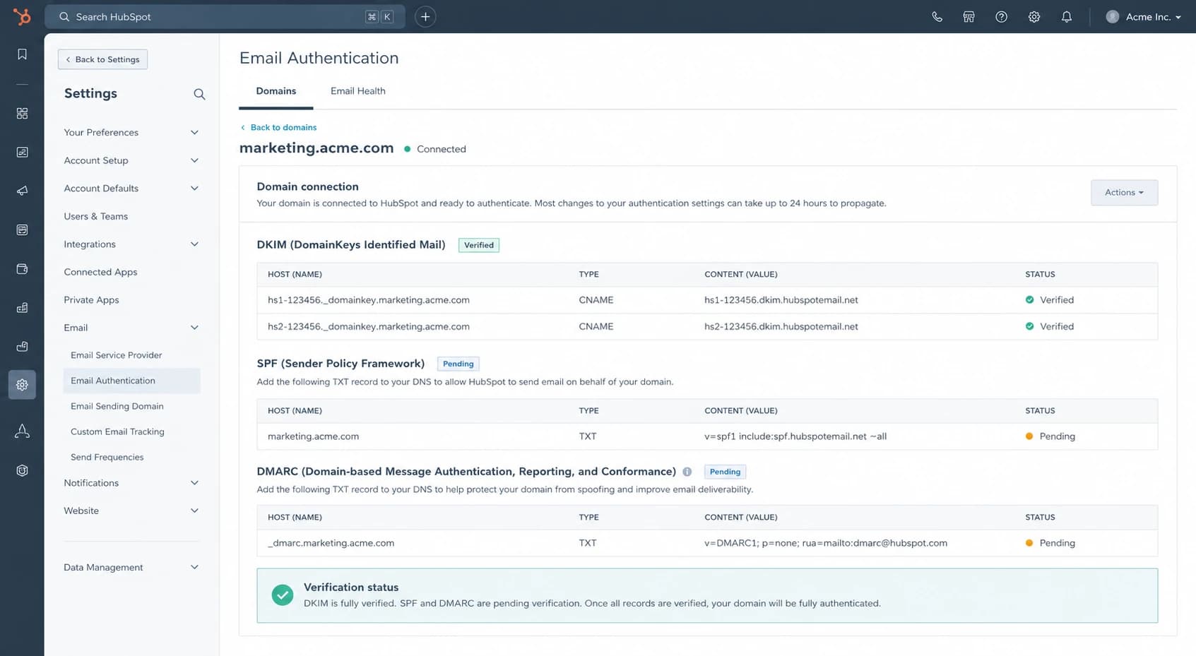 HubSpot email authentication settings with DKIM, SPF, and DMARC rows.