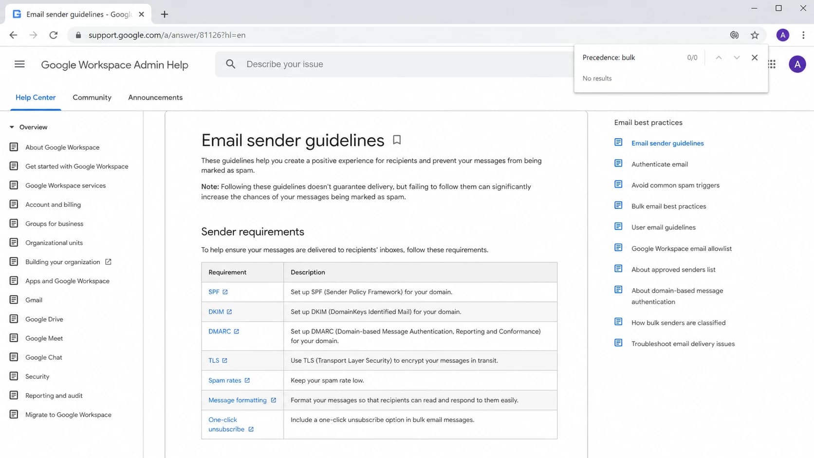 Google Workspace Admin Help sender guidelines page without a Precedence bulk requirement.