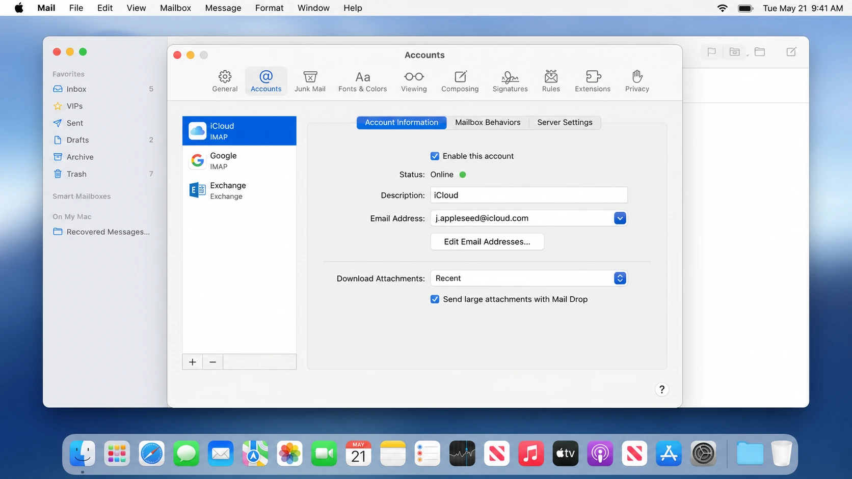 Apple Mail Account Information settings where sender names and aliases can be checked.