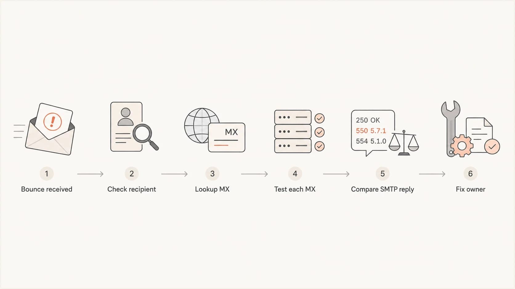SMTP relay access denied diagnosis flowchart with MX and recipient checks.