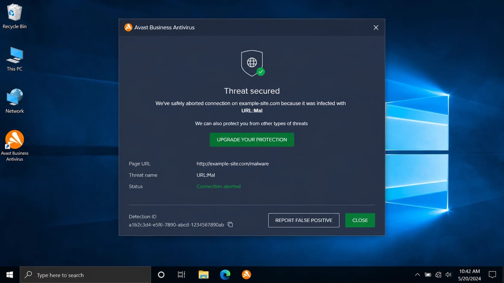 An Avast Business Antivirus alert showing a URL detection and a detection ID.