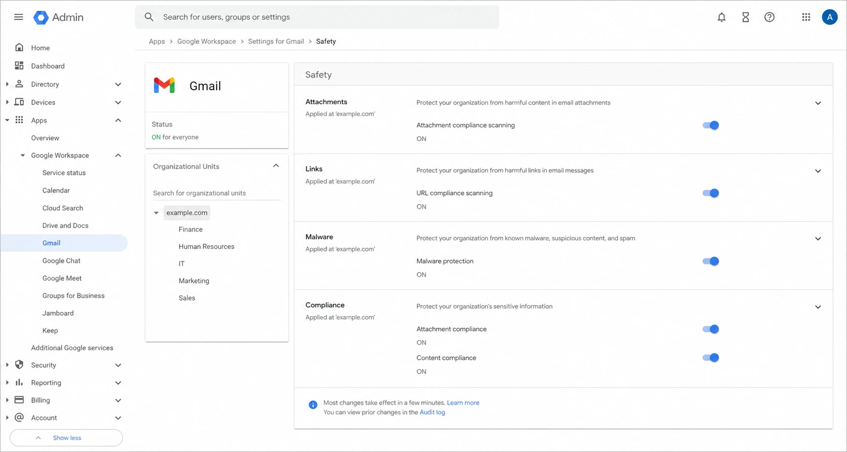 Google Admin console showing Gmail safety settings that can affect ZIP links.