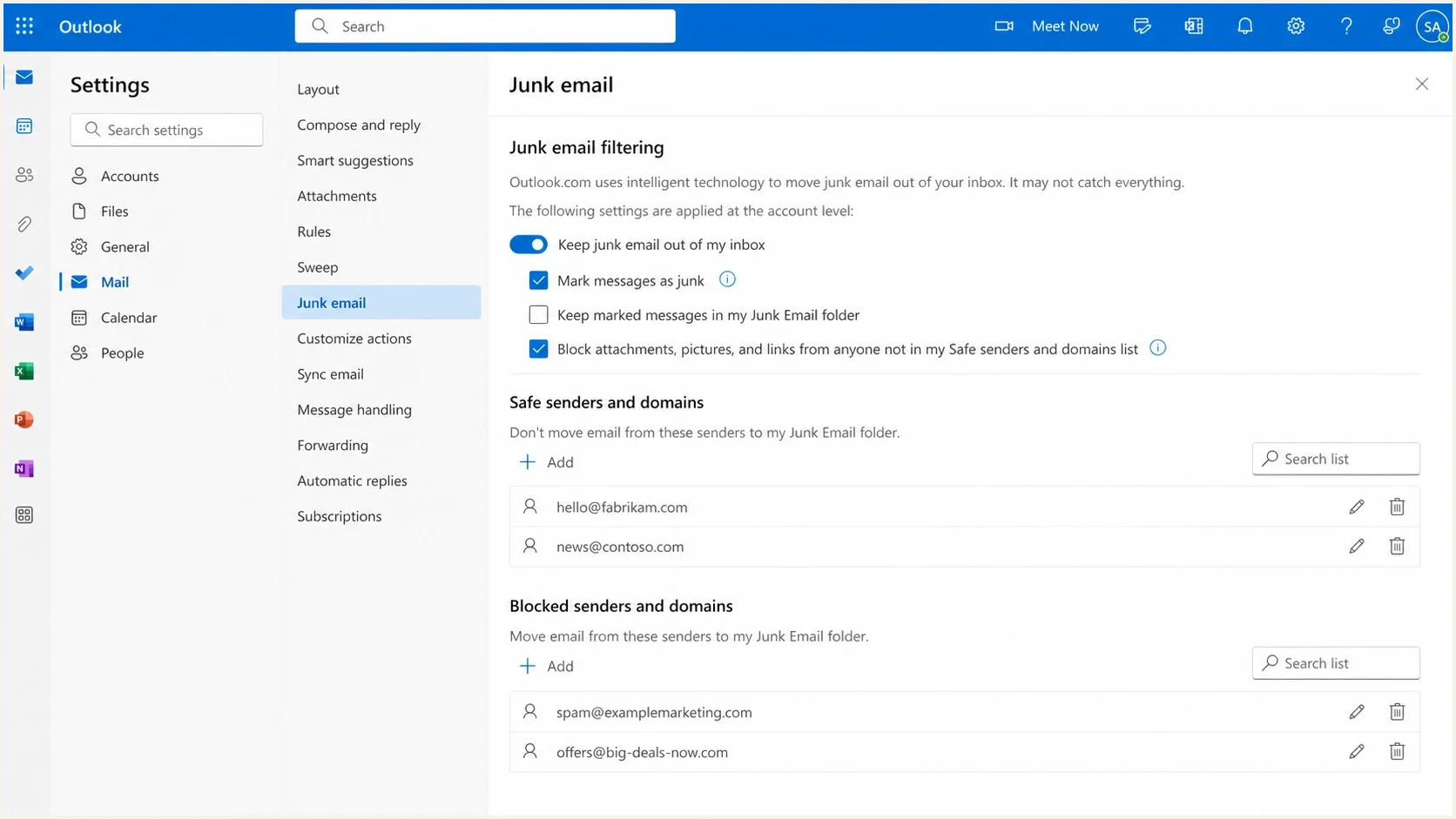 Example Outlook.com junk email settings screen.