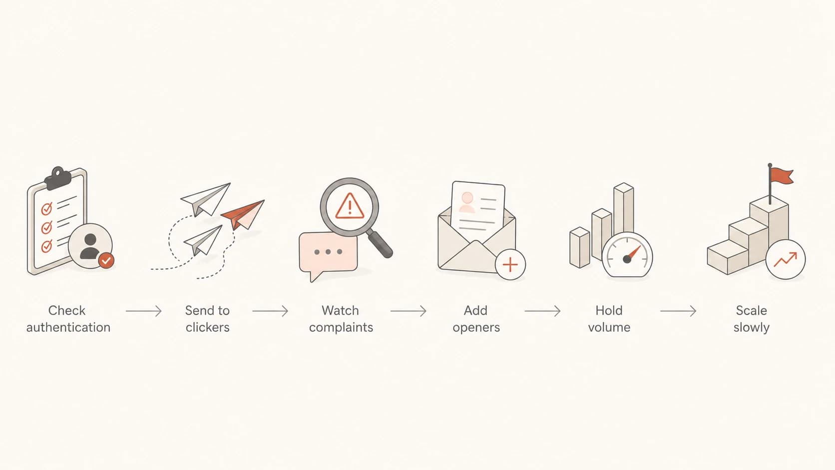 A six-step domain warm-up flow: authenticate, send to clickers, monitor complaints, add openers, hold volume, then scale.