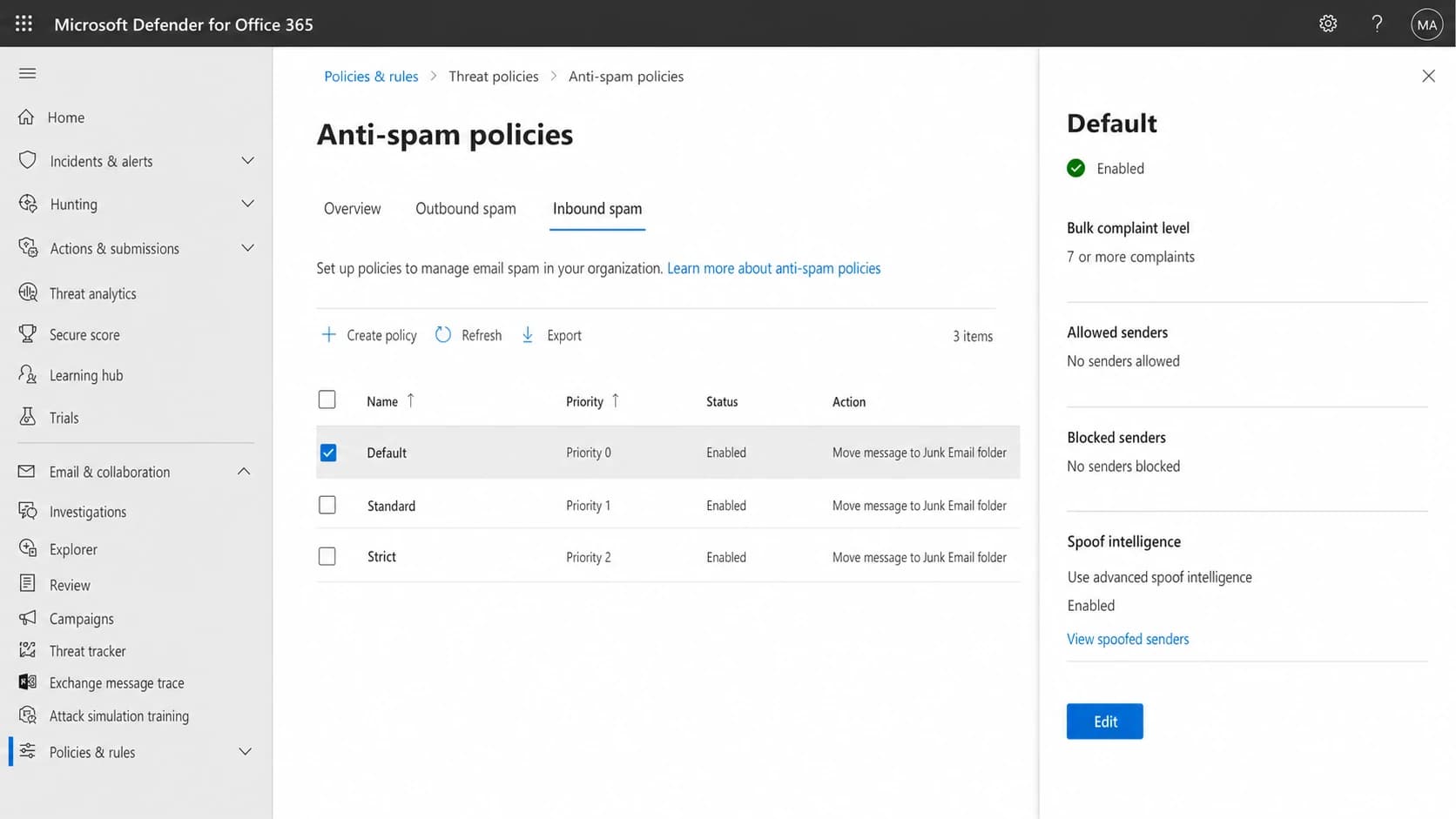 Microsoft Defender for Office 365 anti-spam policies screen with policy controls.