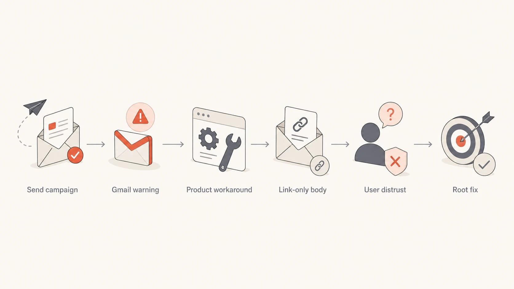 Flowchart showing how a Gmail warning can lead to a poor link-only workaround.