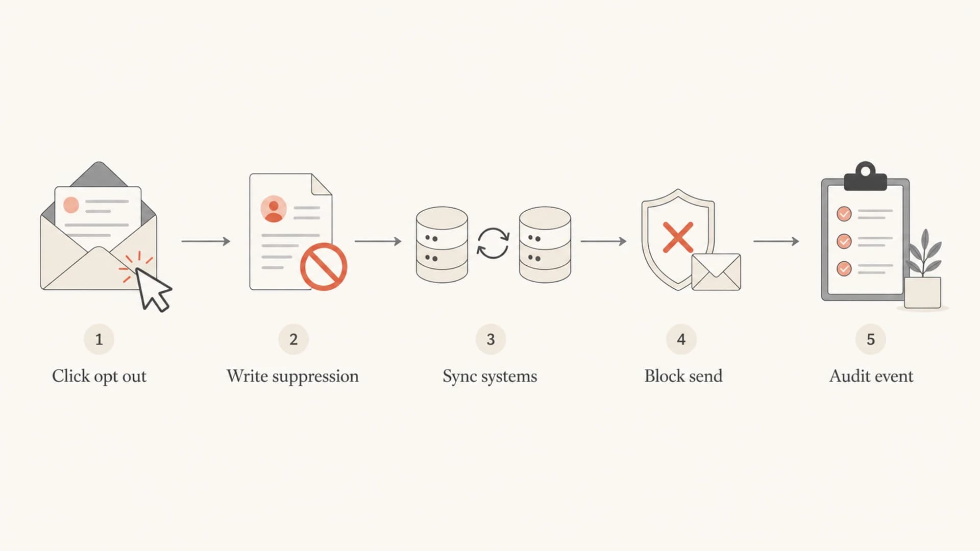 Flowchart showing an opt-out event moving into suppression, sync, send blocking, and audit history.