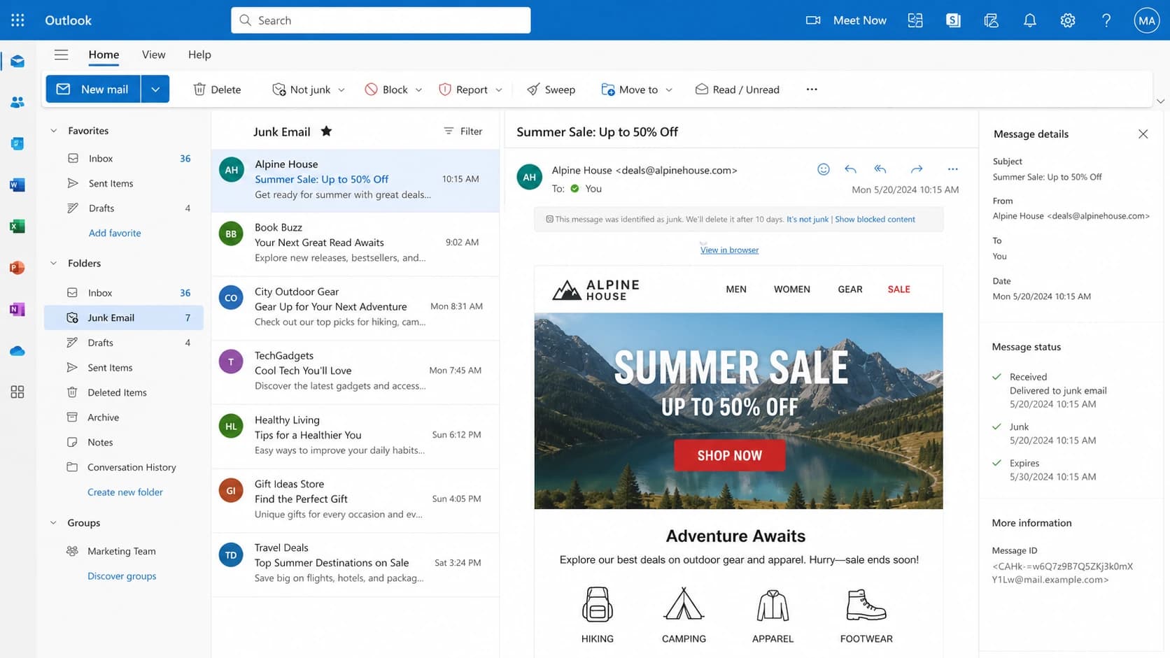 Outlook on the web showing junk mail placement for a marketing email
