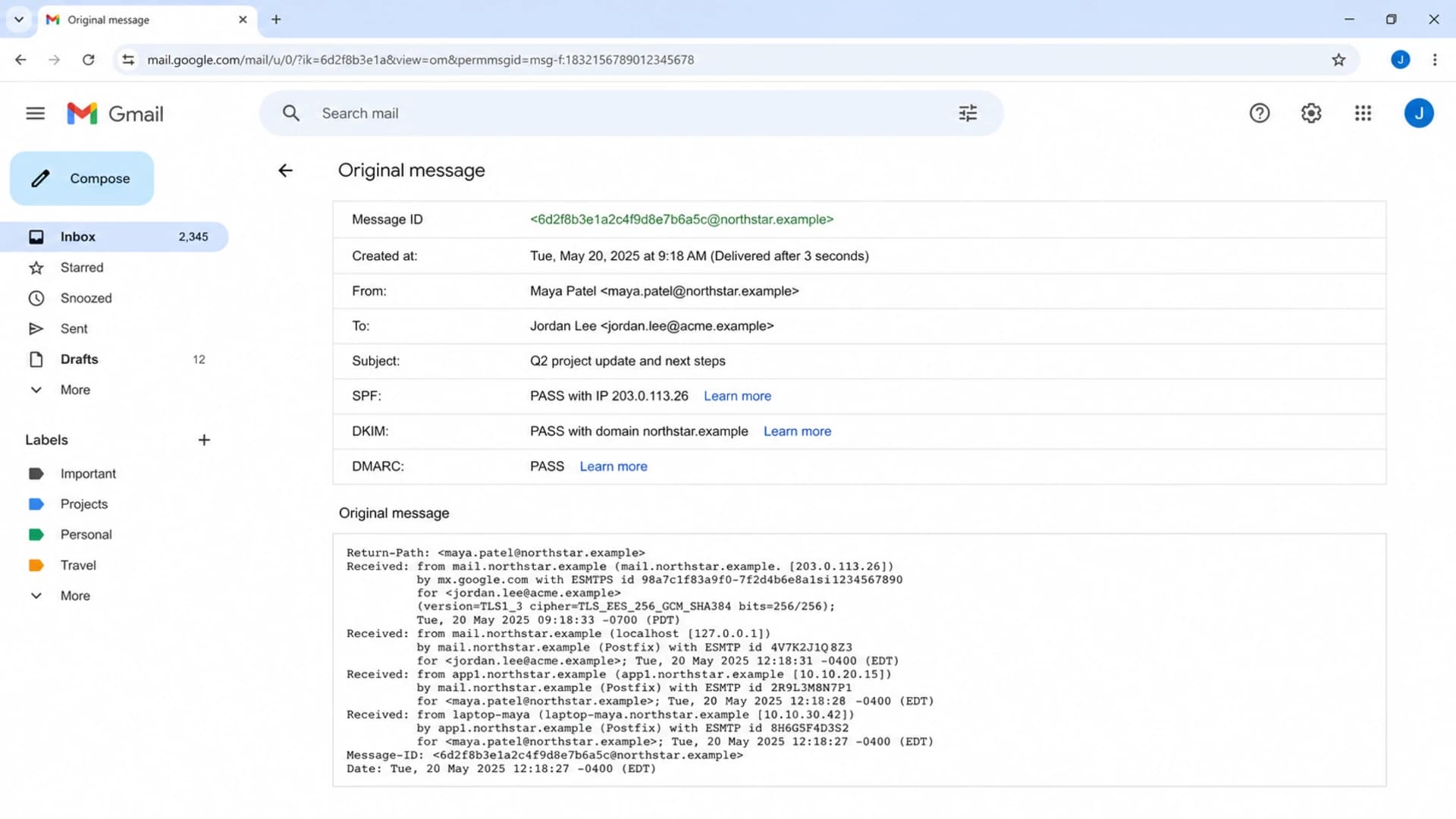 Gmail Show original screen with authentication results and Received headers.