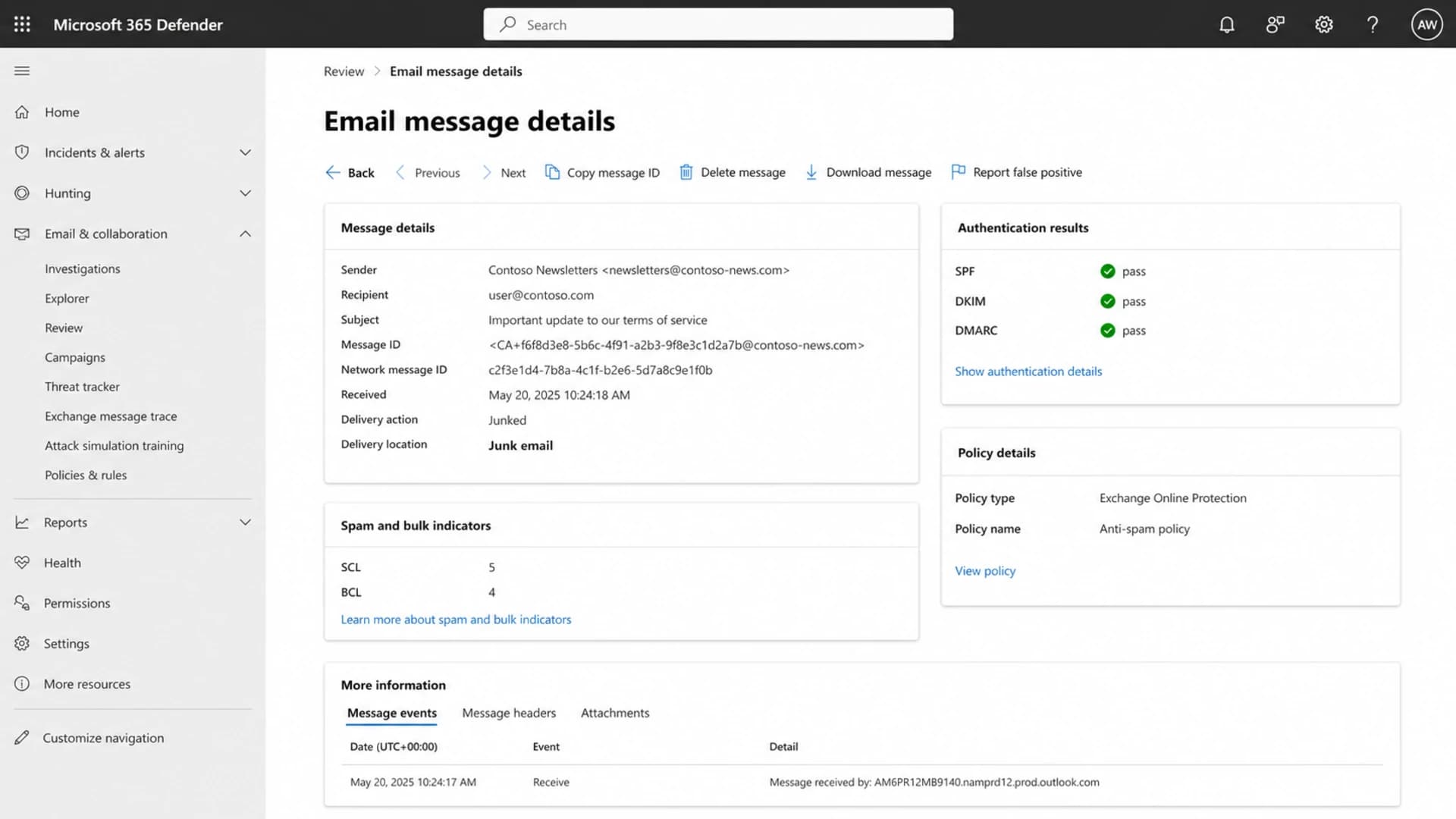 Microsoft Defender portal message details showing SCL, BCL, and authentication results.