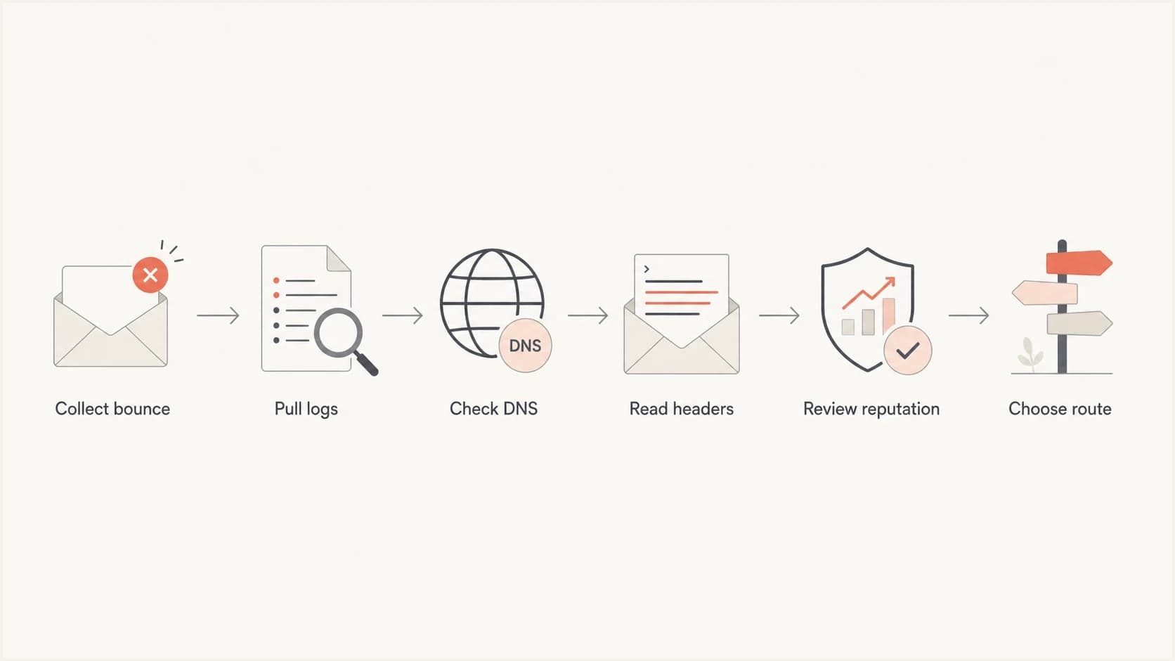 Flowchart for diagnosing Salesforce email refusals from bounce to route decision.