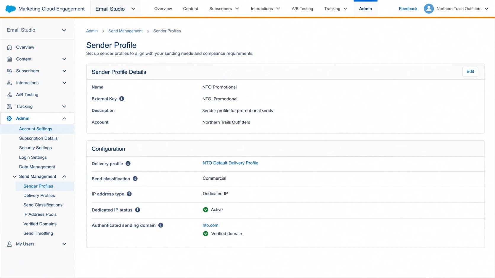 Salesforce Marketing Cloud Engagement send management screen with IP address type settings.