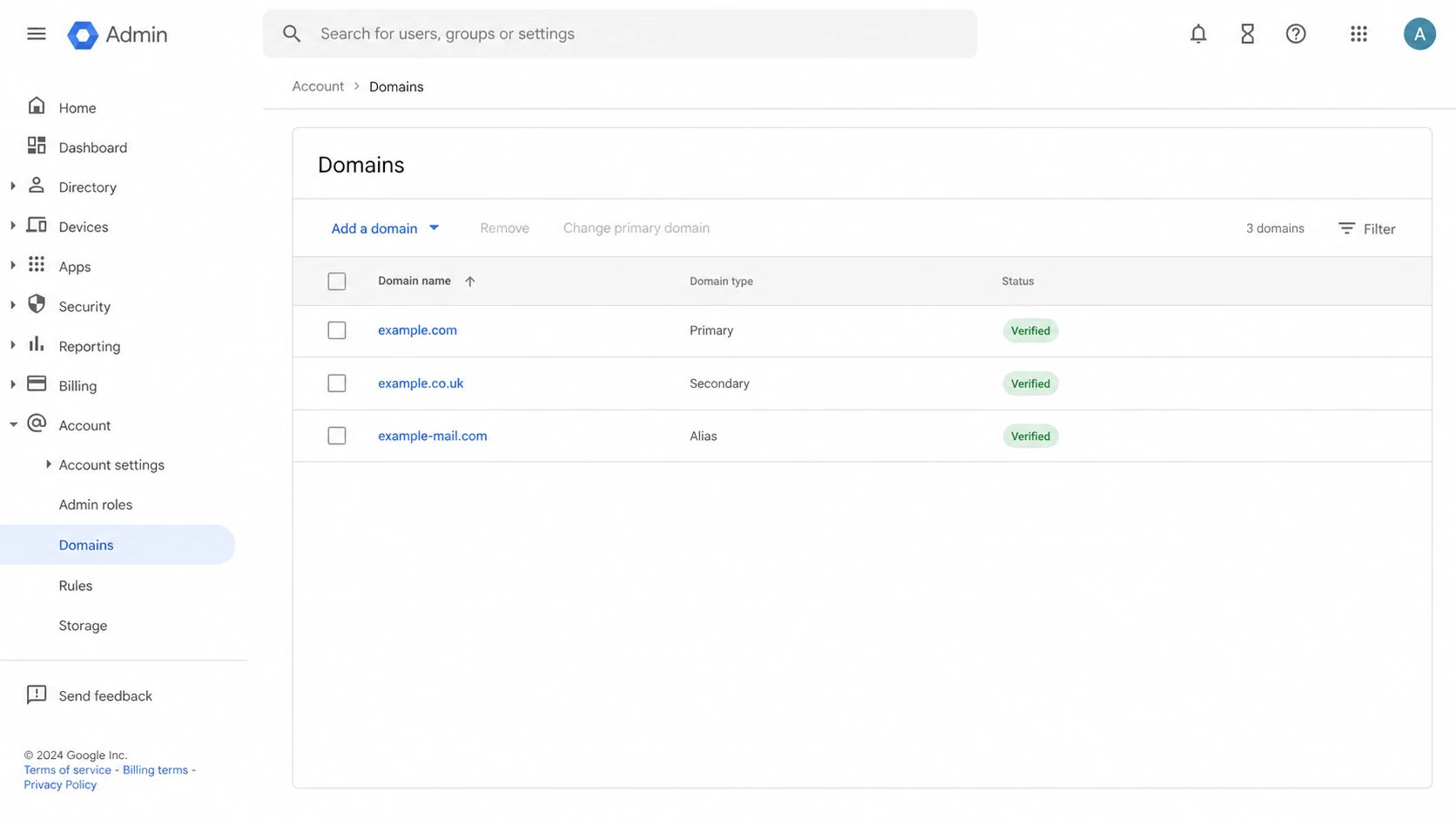 Google Admin Console domain settings showing primary, secondary, and alias domains.