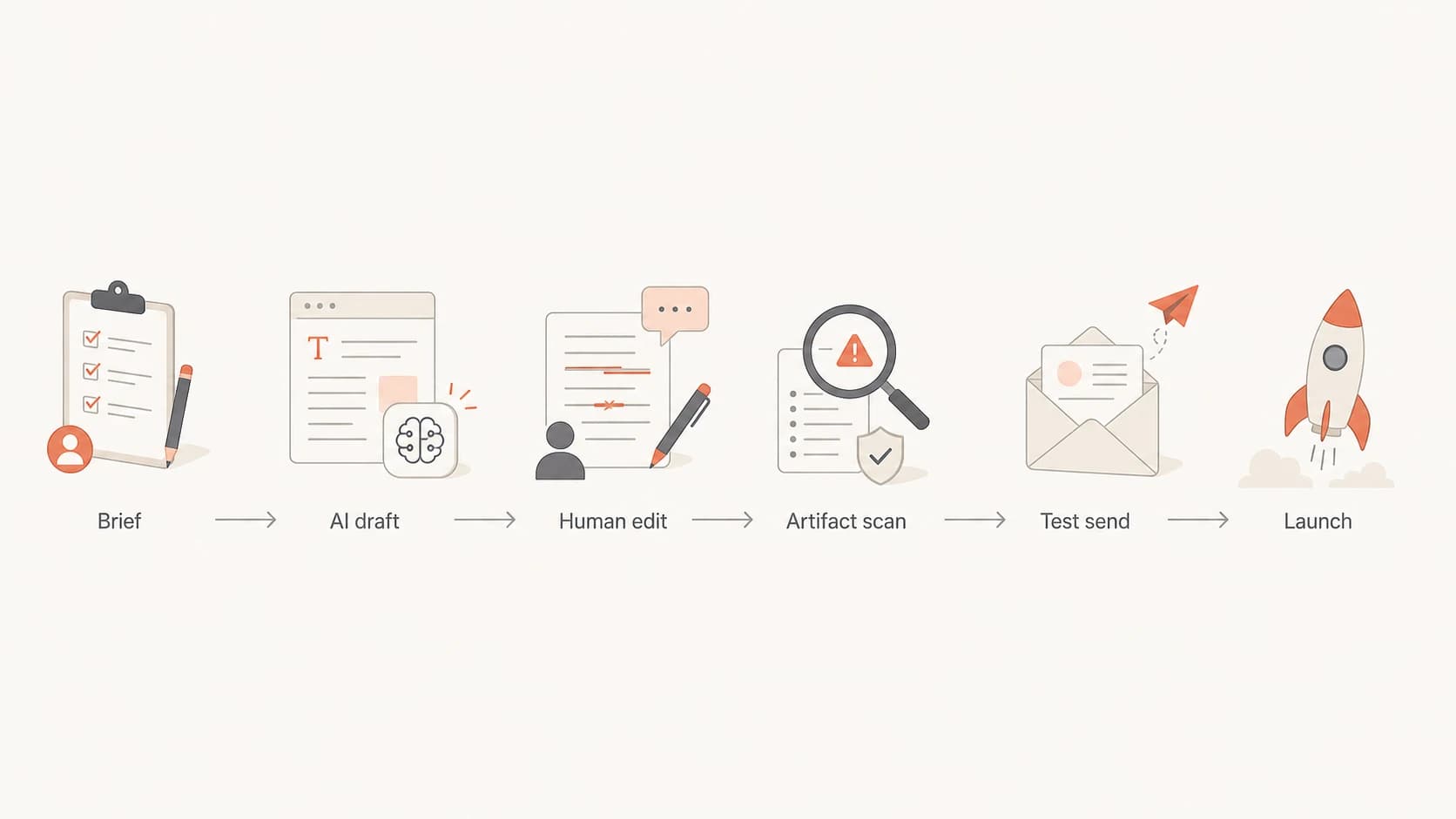 Flowchart showing brief, AI draft, human edit, artifact scan, test send, and launch.