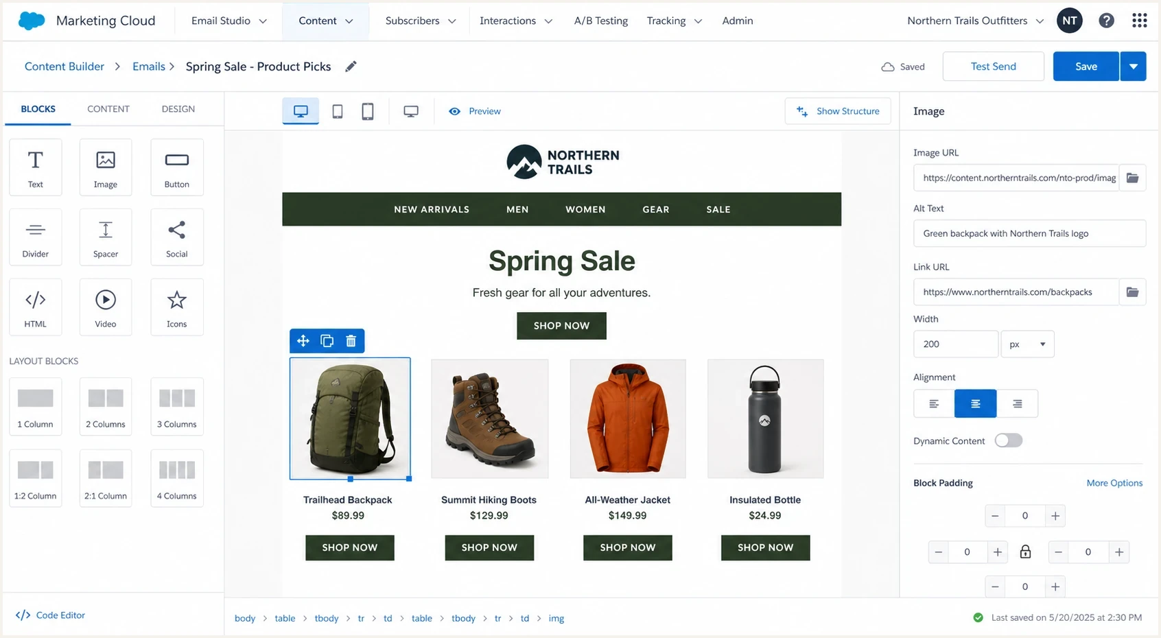 Salesforce Marketing Cloud Content Builder showing a CDN image URL in an email image block.