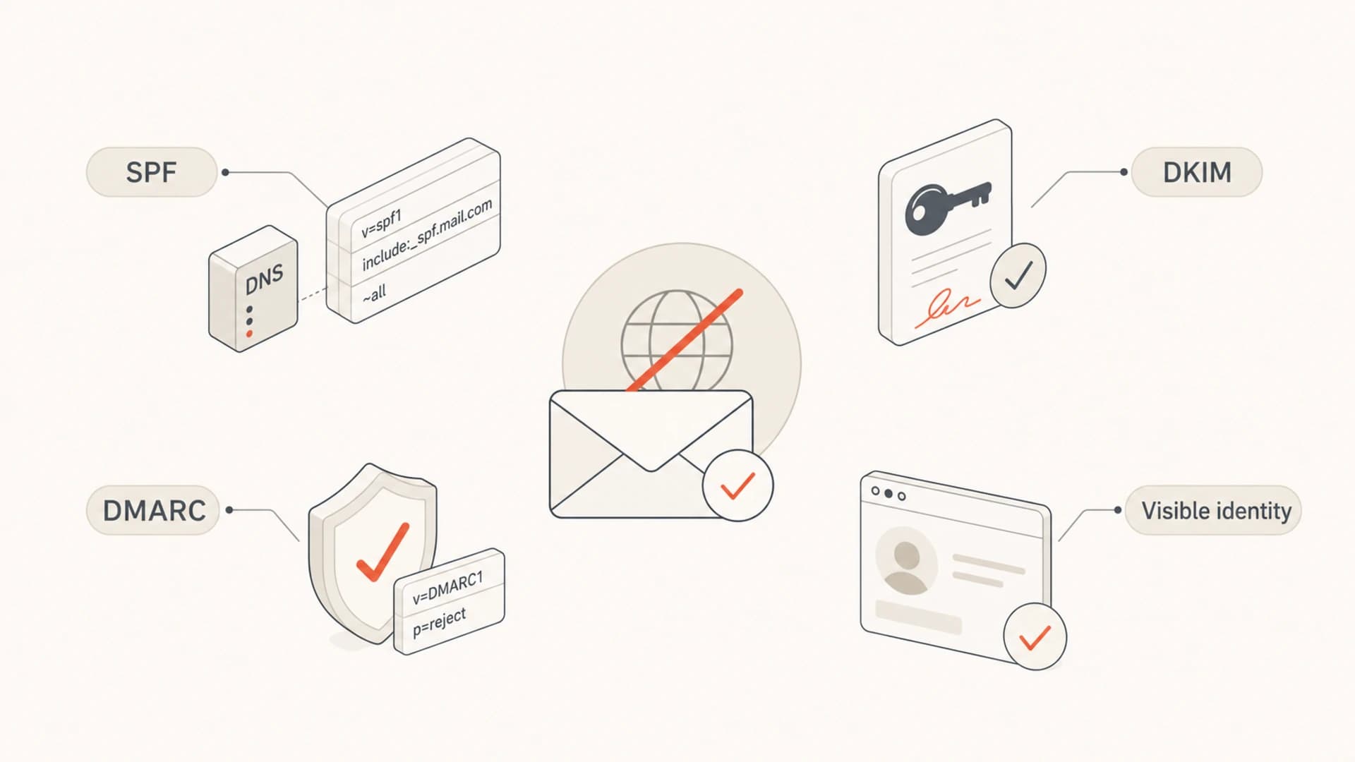 Four email trust checks: SPF, DKIM, DMARC, and visible identity.
