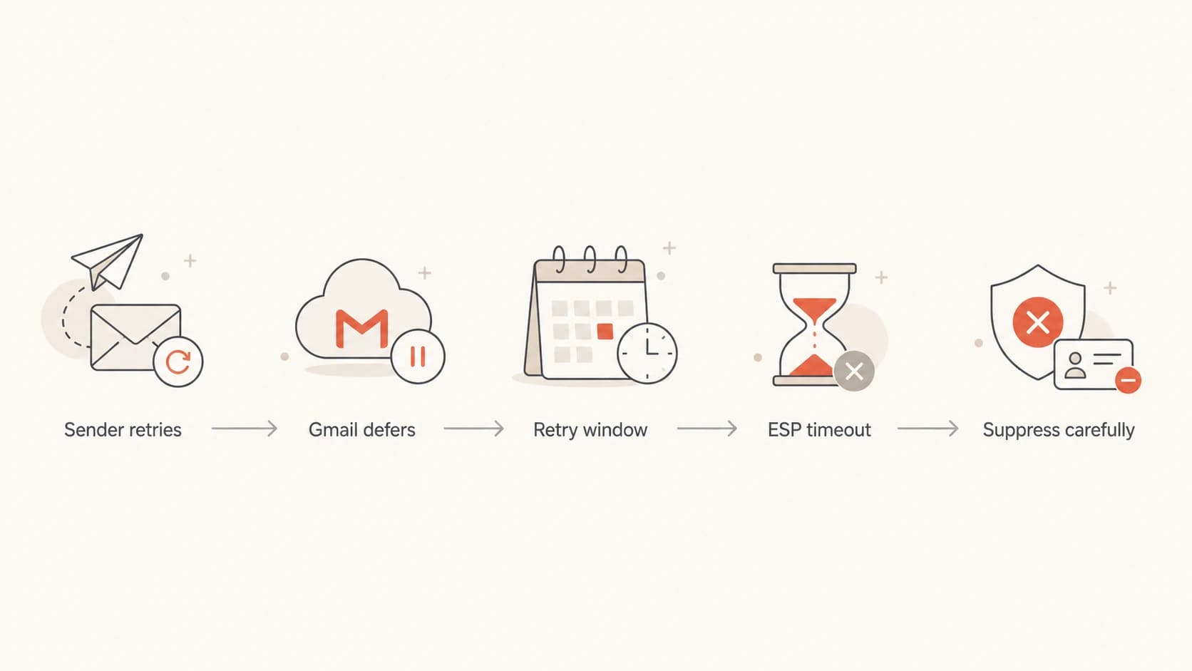 A flowchart showing Gmail deferral, ESP retry timeout, and careful suppression.