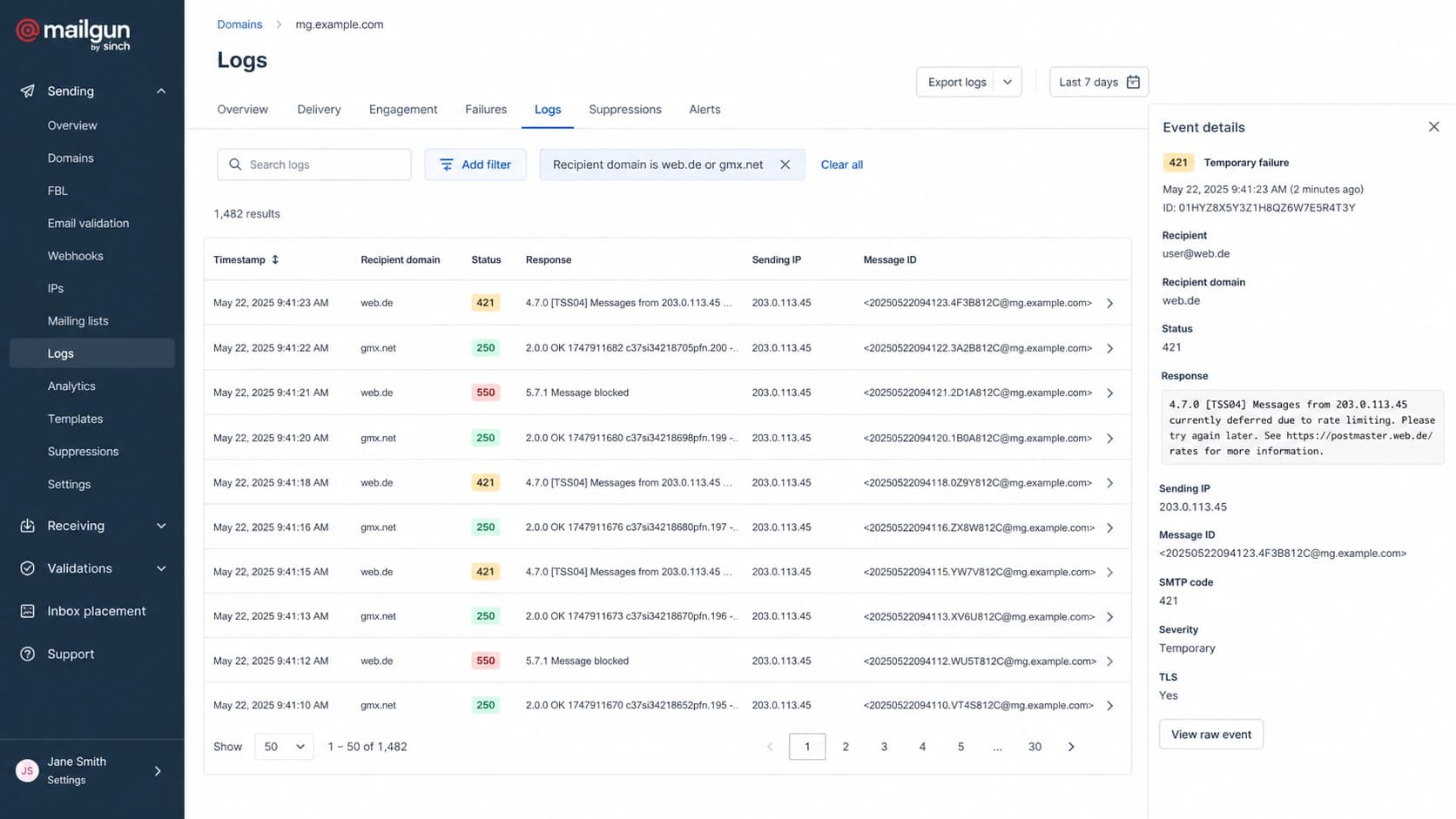 A Mailgun log screen filtered to Web.de and GMX.net 421 delivery attempts.