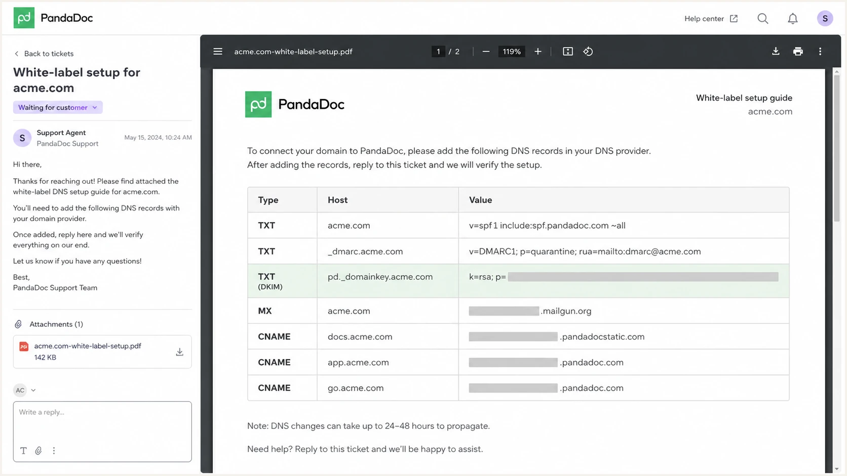 PandaDoc white-label DNS instructions with the DKIM row highlighted
