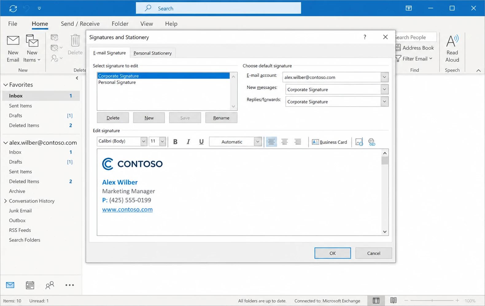 Microsoft Outlook signature editor with a logo image inserted into a business signature.