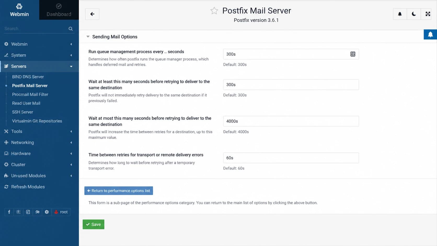 Webmin Postfix configuration screen showing queue timing fields.