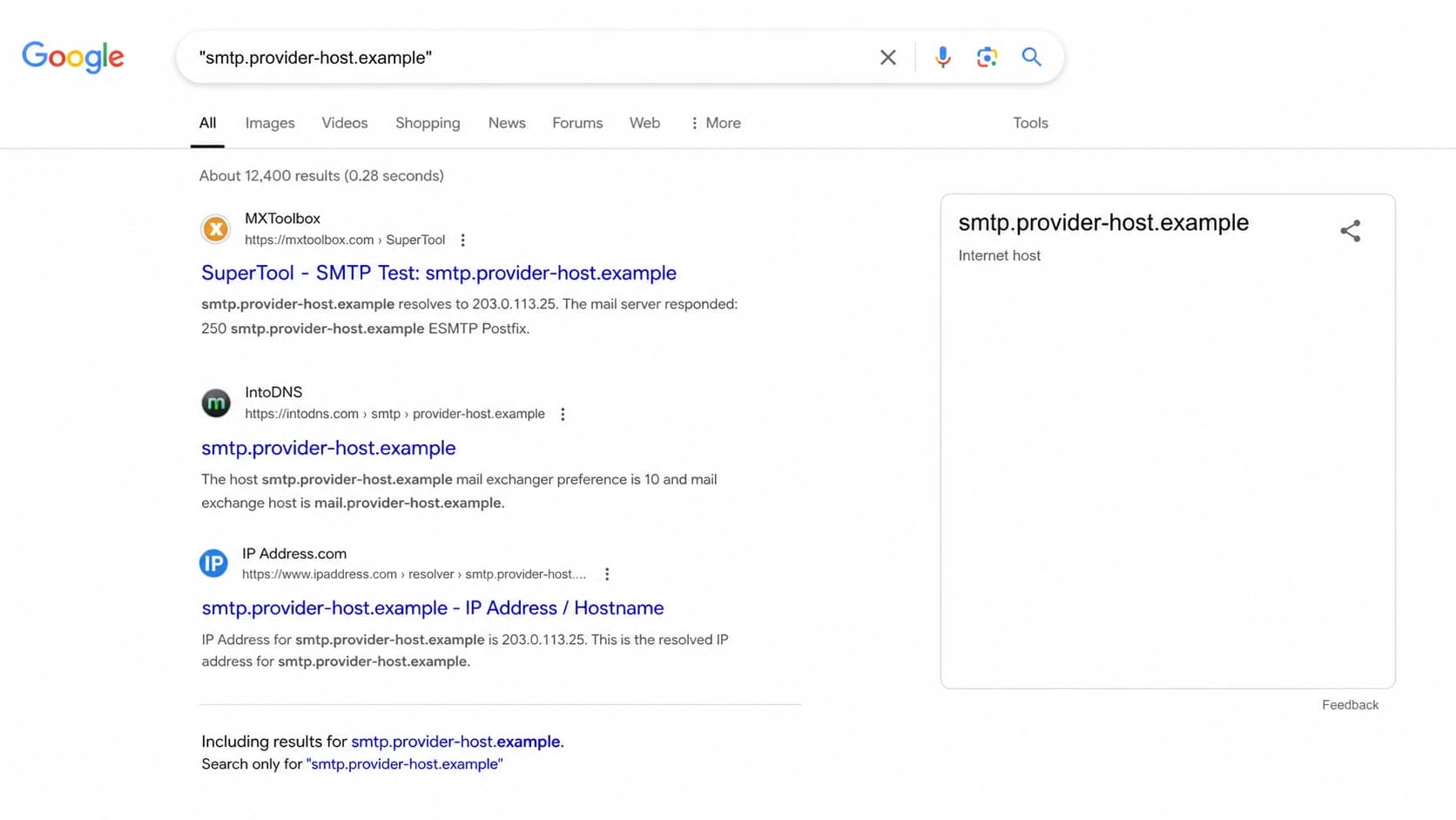 A Google Search screenshot showing an exact quoted MX hostname match in results.