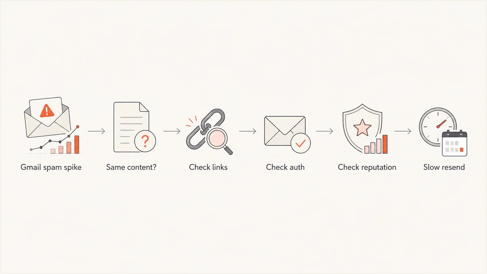Flowchart for diagnosing a sudden Gmail spam placement spike by checking links, authentication, reputation, and resend timing.