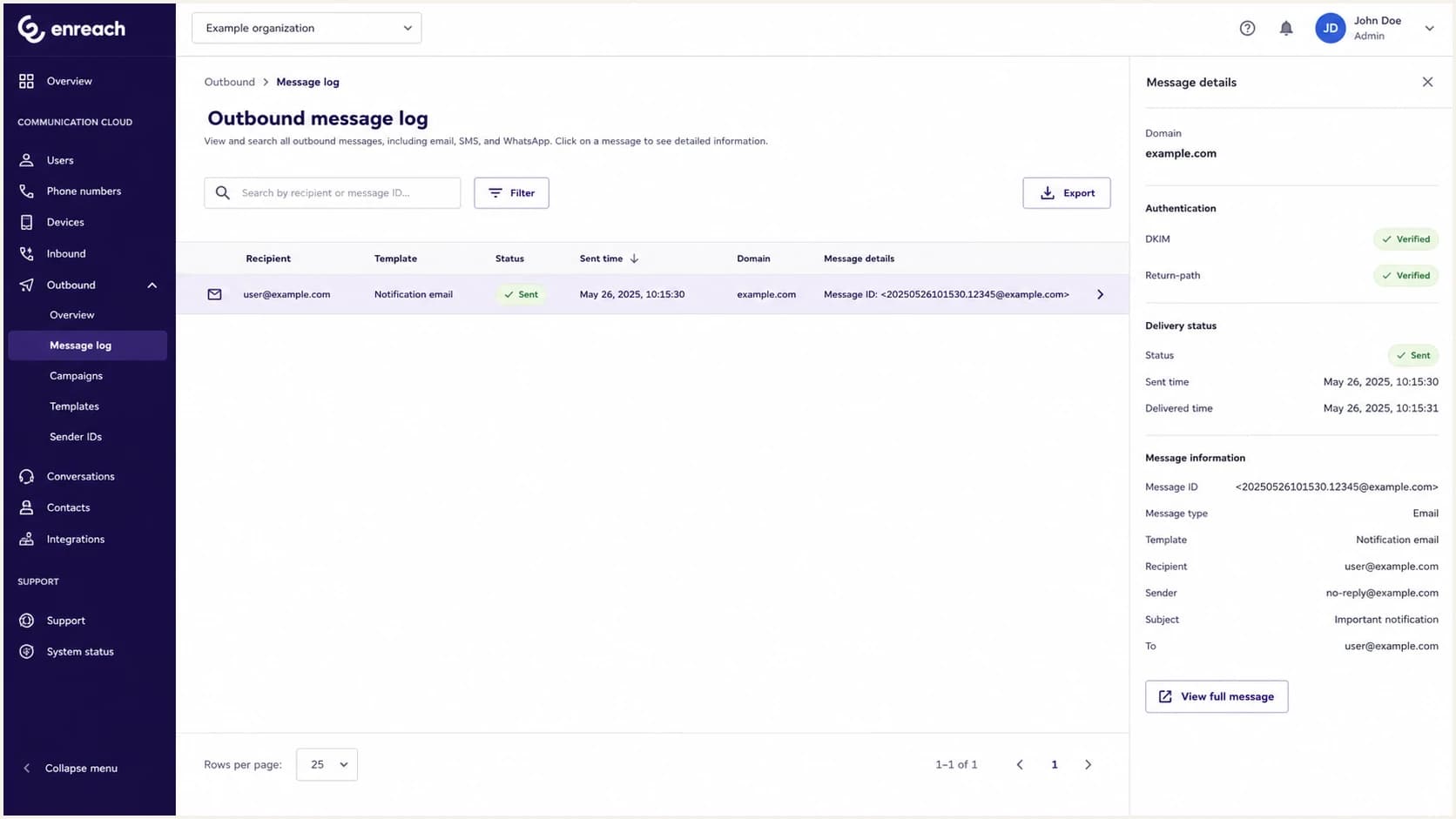 Enreach outbound message log for checking a live authenticated email.