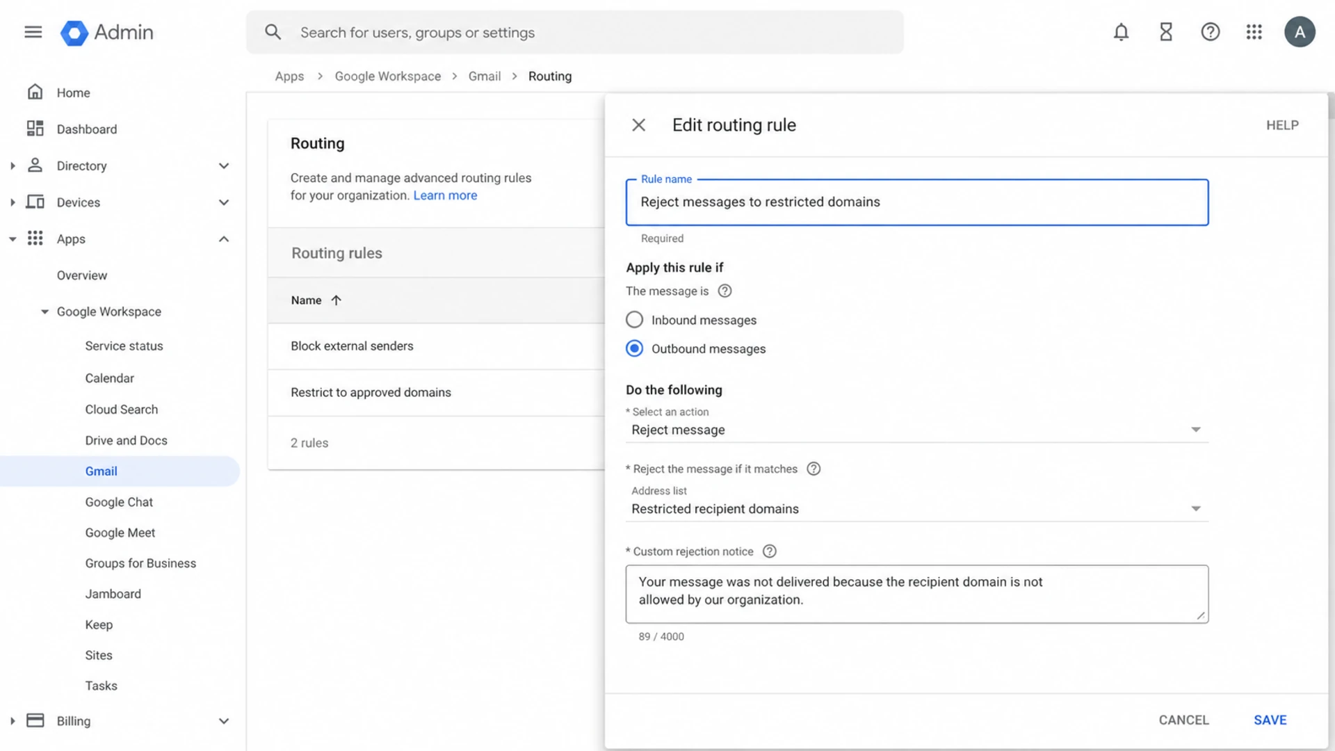 Google Admin console routing rule configured to reject outbound mail to a restricted recipient domain.