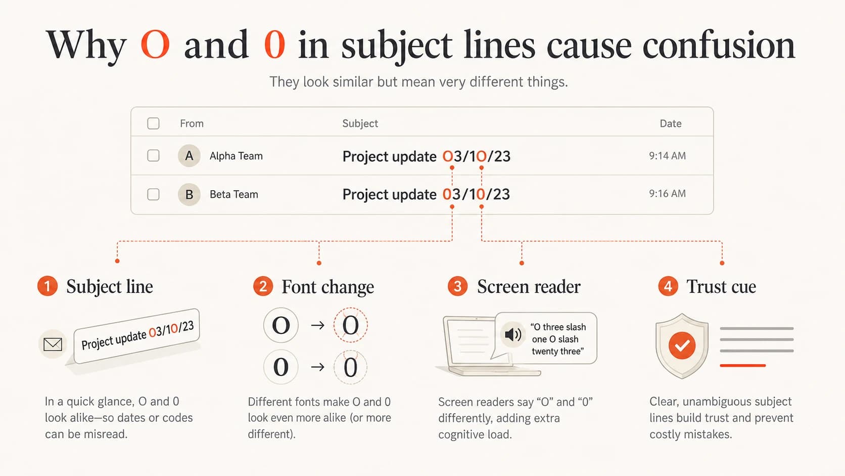Infographic showing how a letter O in a date can confuse subject line readers.