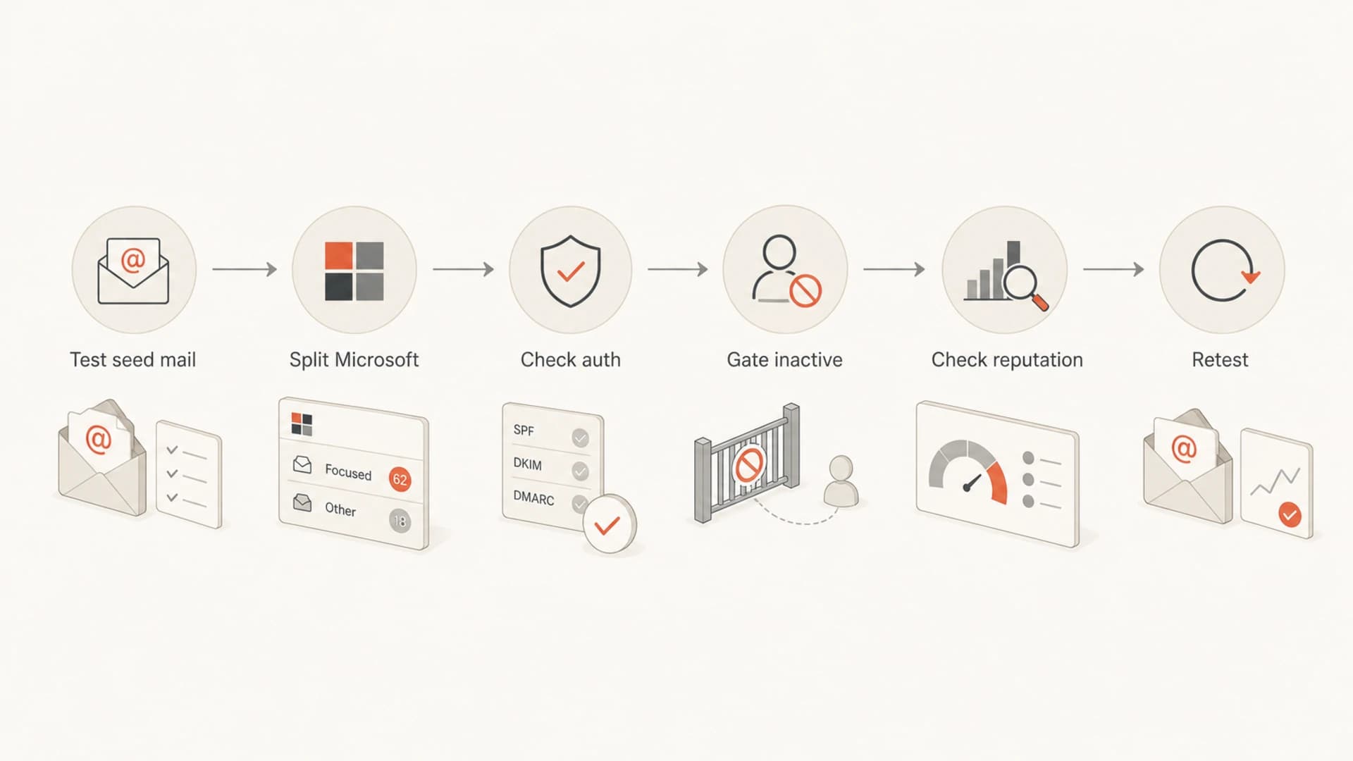 Flowchart for testing and improving Microsoft inbox placement.