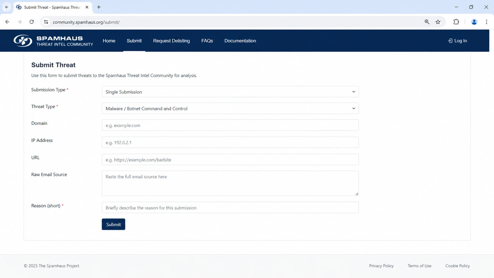 Spamhaus Threat Intel Community single submission screen.