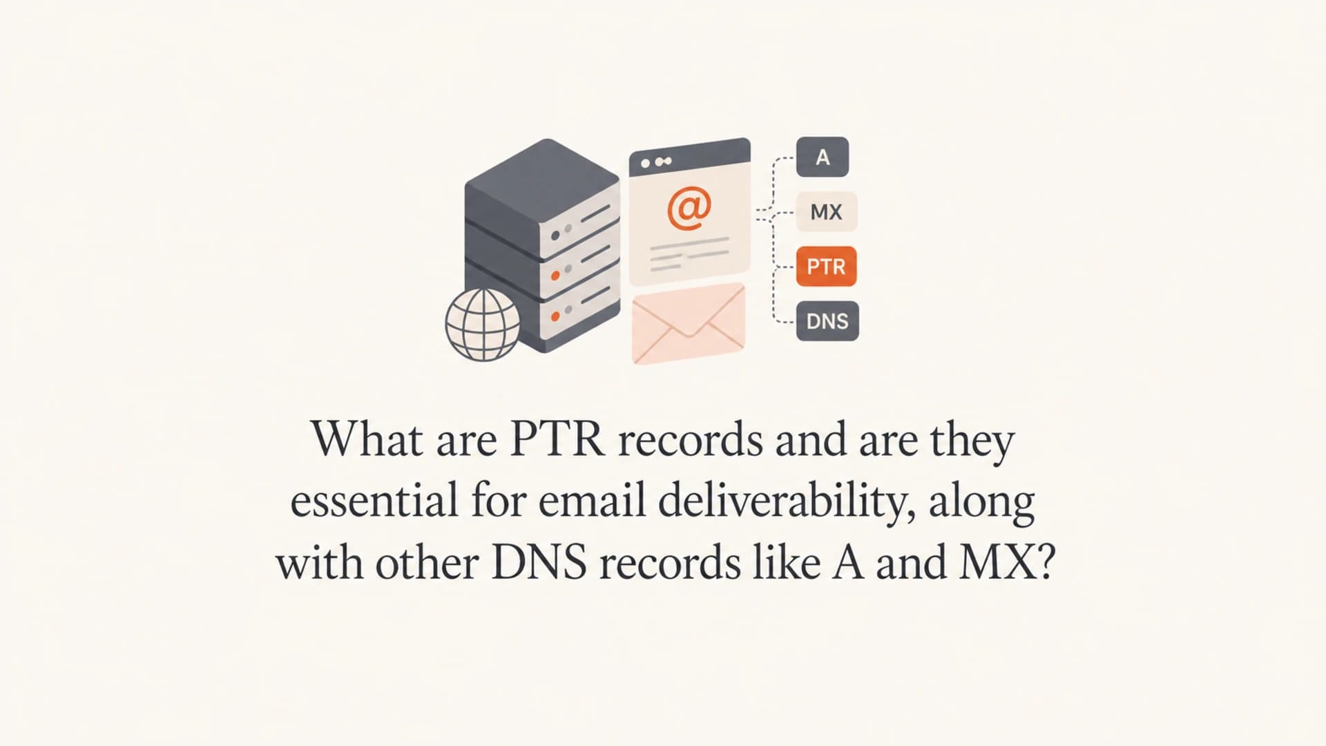 PTR, A, and MX records shown as a calm DNS and mail routing thumbnail.