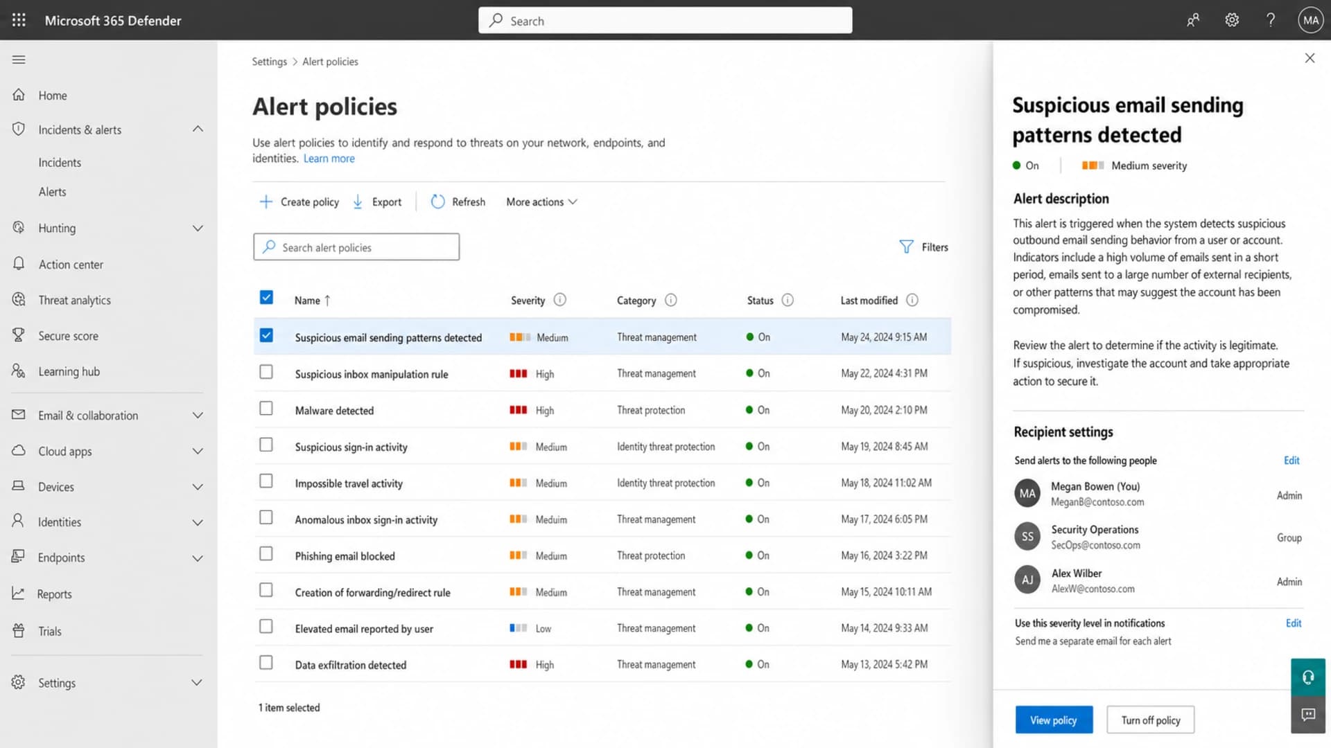 Microsoft 365 Defender alert policies screen showing a suspicious outbound sending policy.