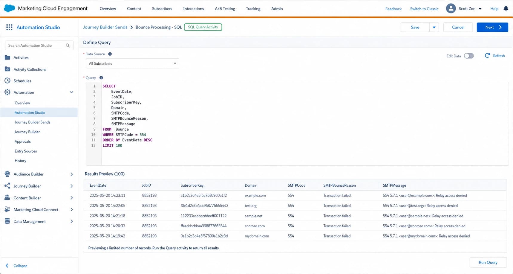 Salesforce Marketing Cloud Engagement SQL query activity pulling 554 bounce data.