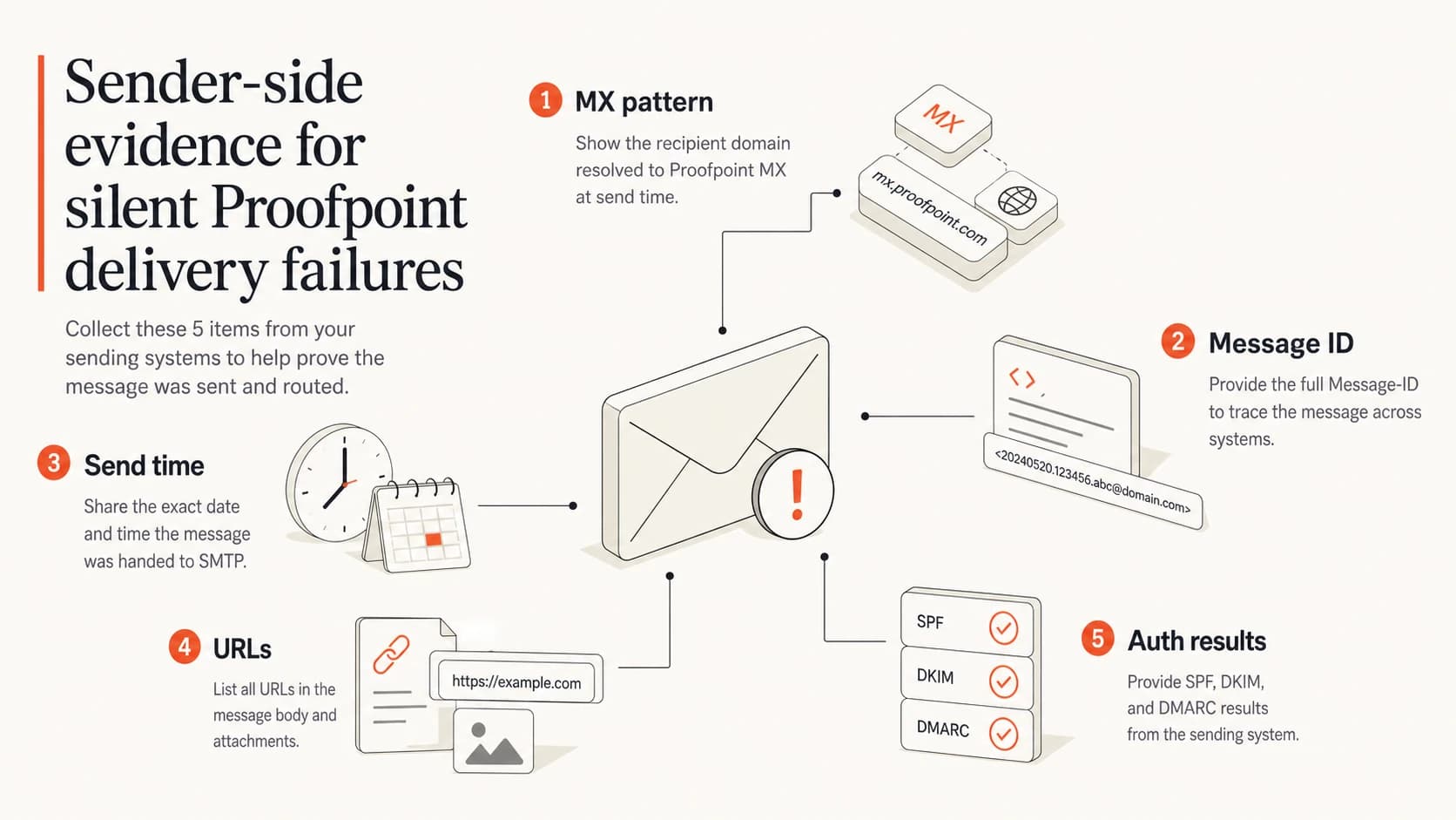 A Proofpoint troubleshooting evidence map with MX, message ID, time, URL, and authentication checks.