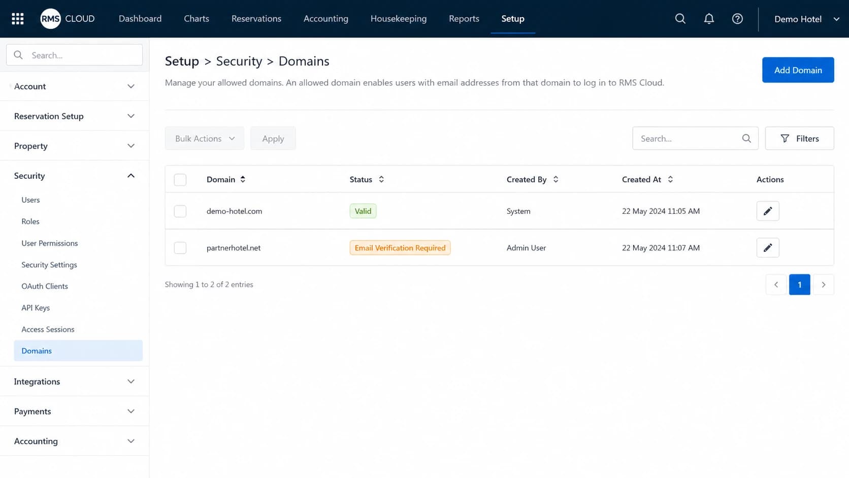 RMS Cloud Domains list showing Valid and pending verification statuses.