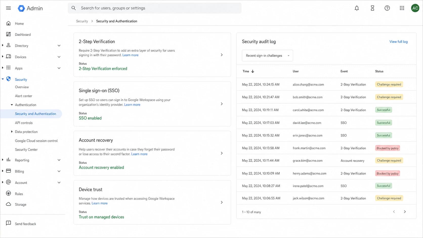 Google Workspace Admin console security settings used for login troubleshooting.