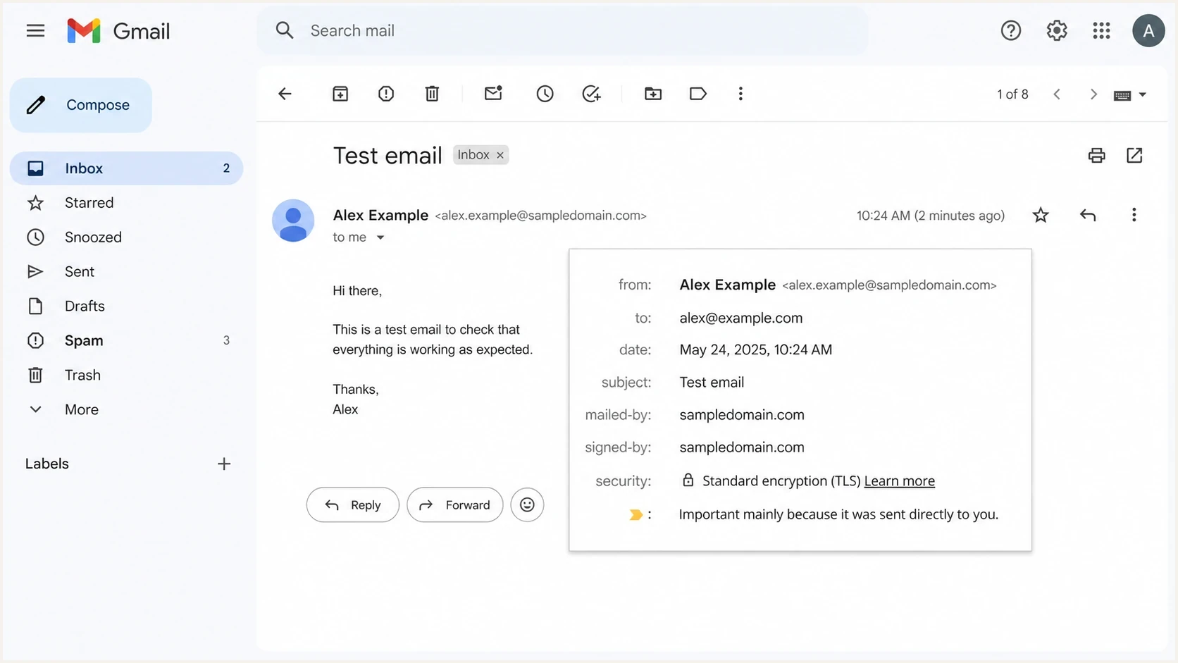 Gmail message details showing mailed-by and signed-by authentication fields.