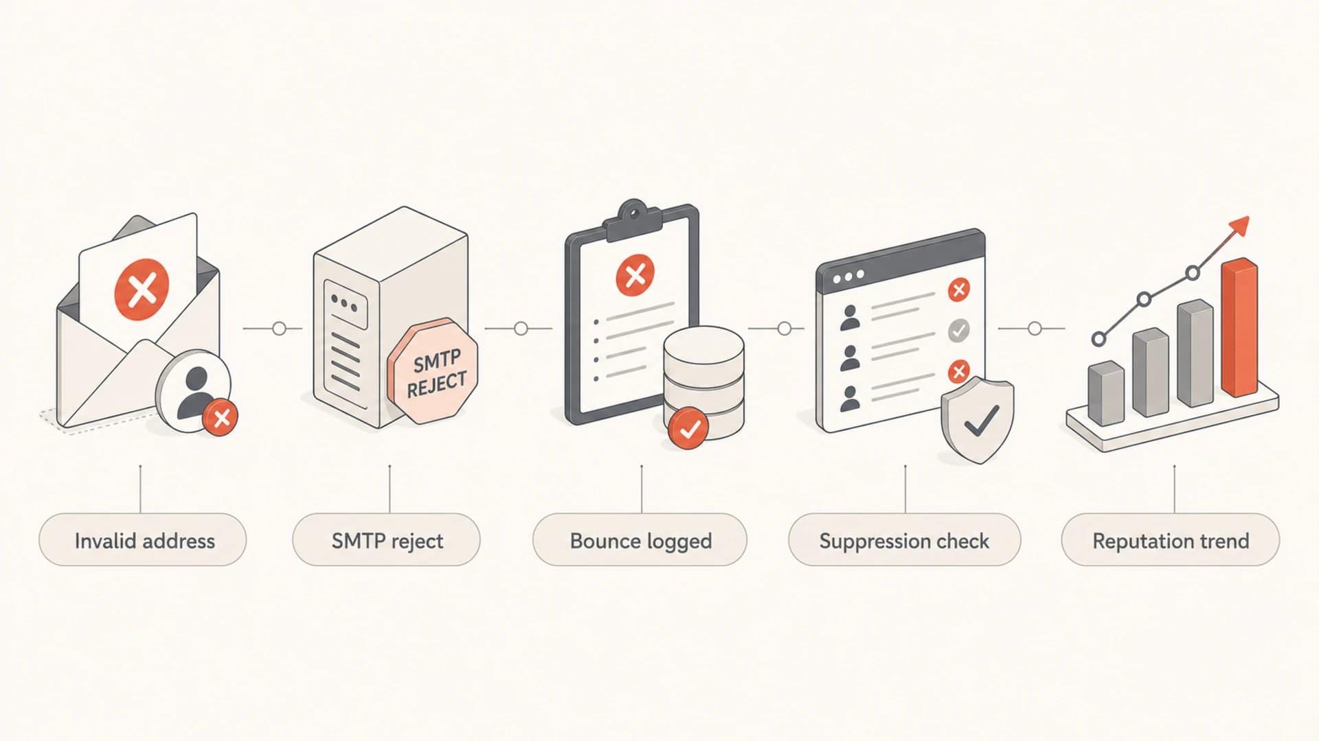 Hard bounces move through SMTP rejection, logging, suppression, and reputation review.
