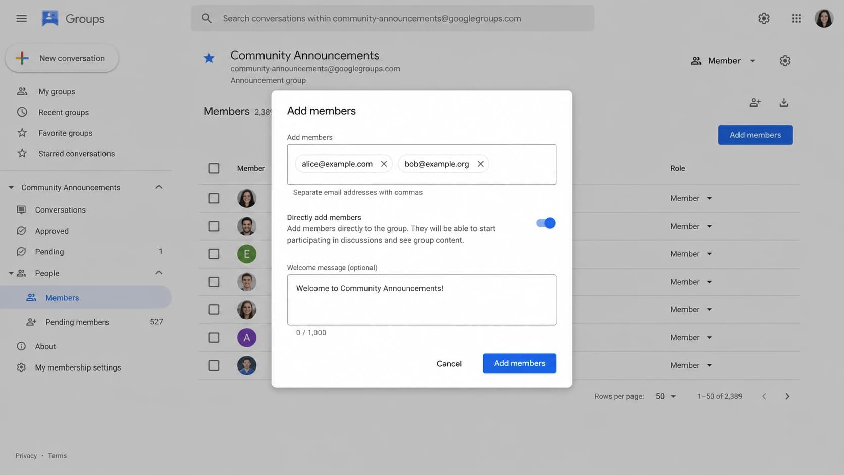 Google Groups add members dialog with direct add controls.