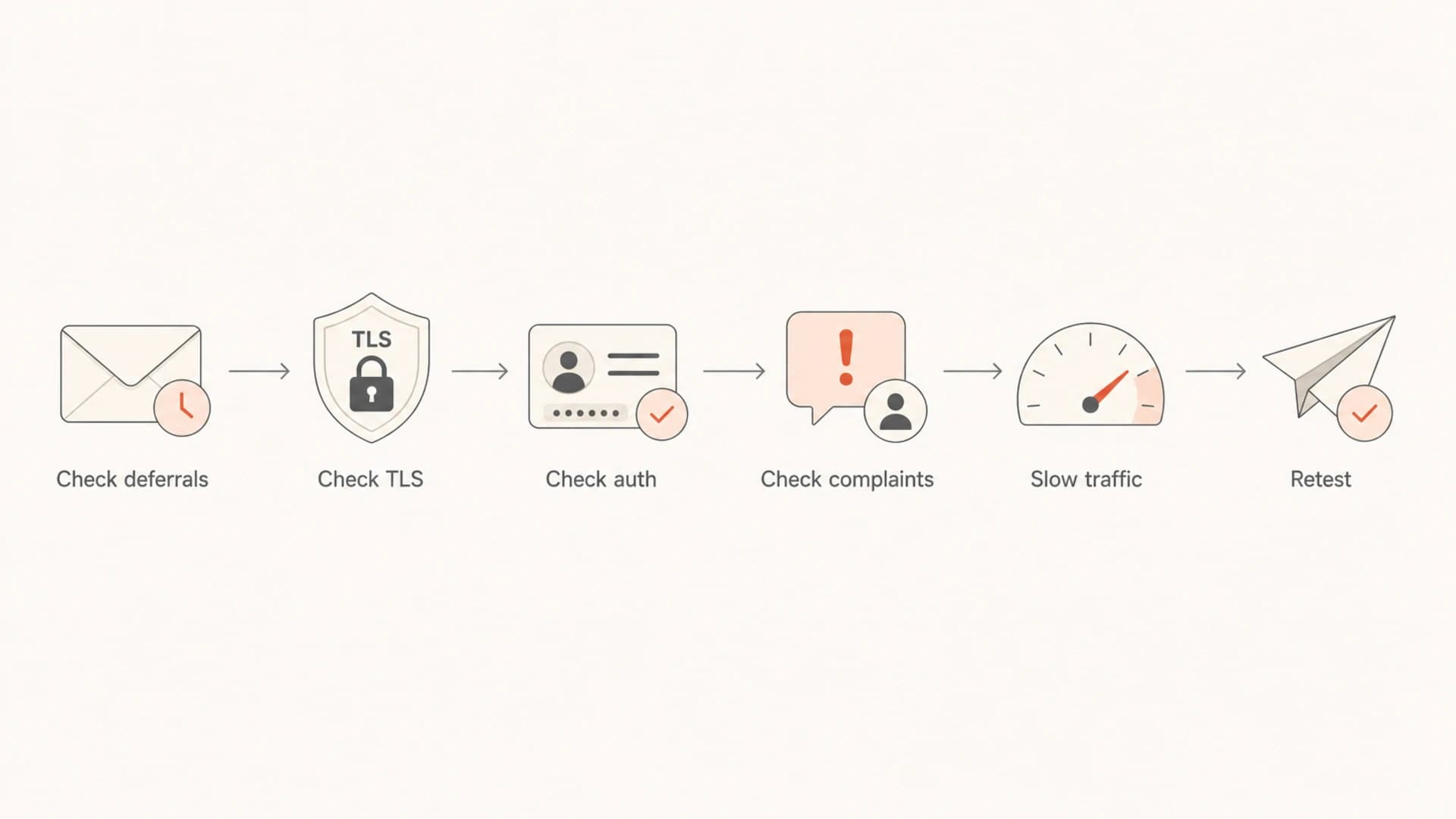 Flowchart showing how to diagnose Gmail throttling by checking deferrals, TLS, authentication, complaints, pacing, and retesting.
