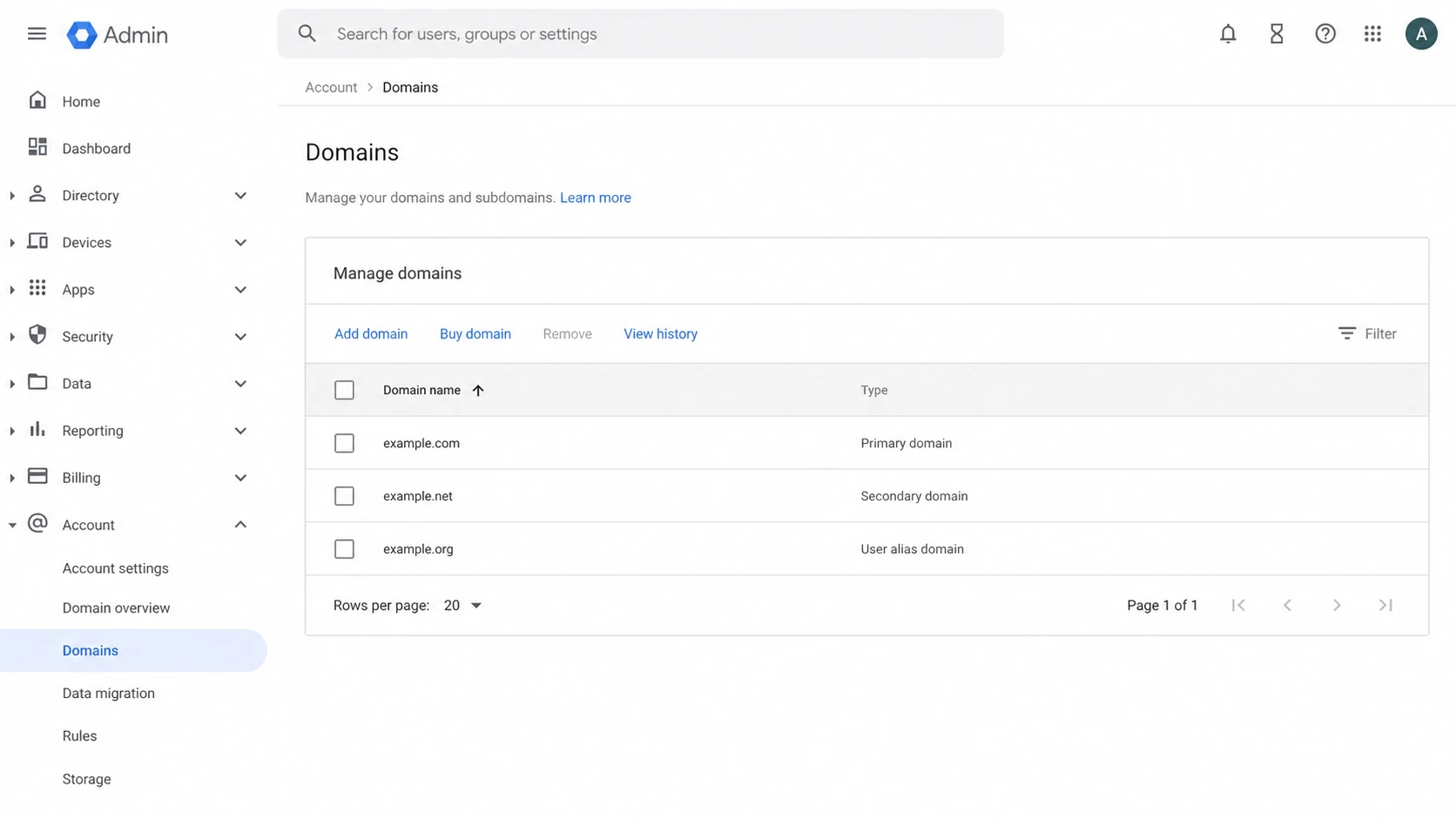 Google Admin console domain list showing primary, secondary, and alias domain types.