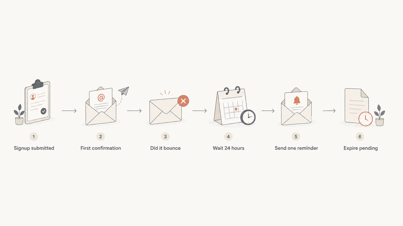 Flowchart showing one confirmation reminder after a non-bounced signup.