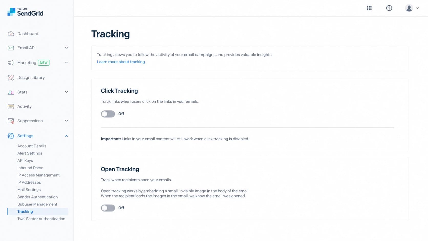 Twilio SendGrid tracking settings with click tracking turned off